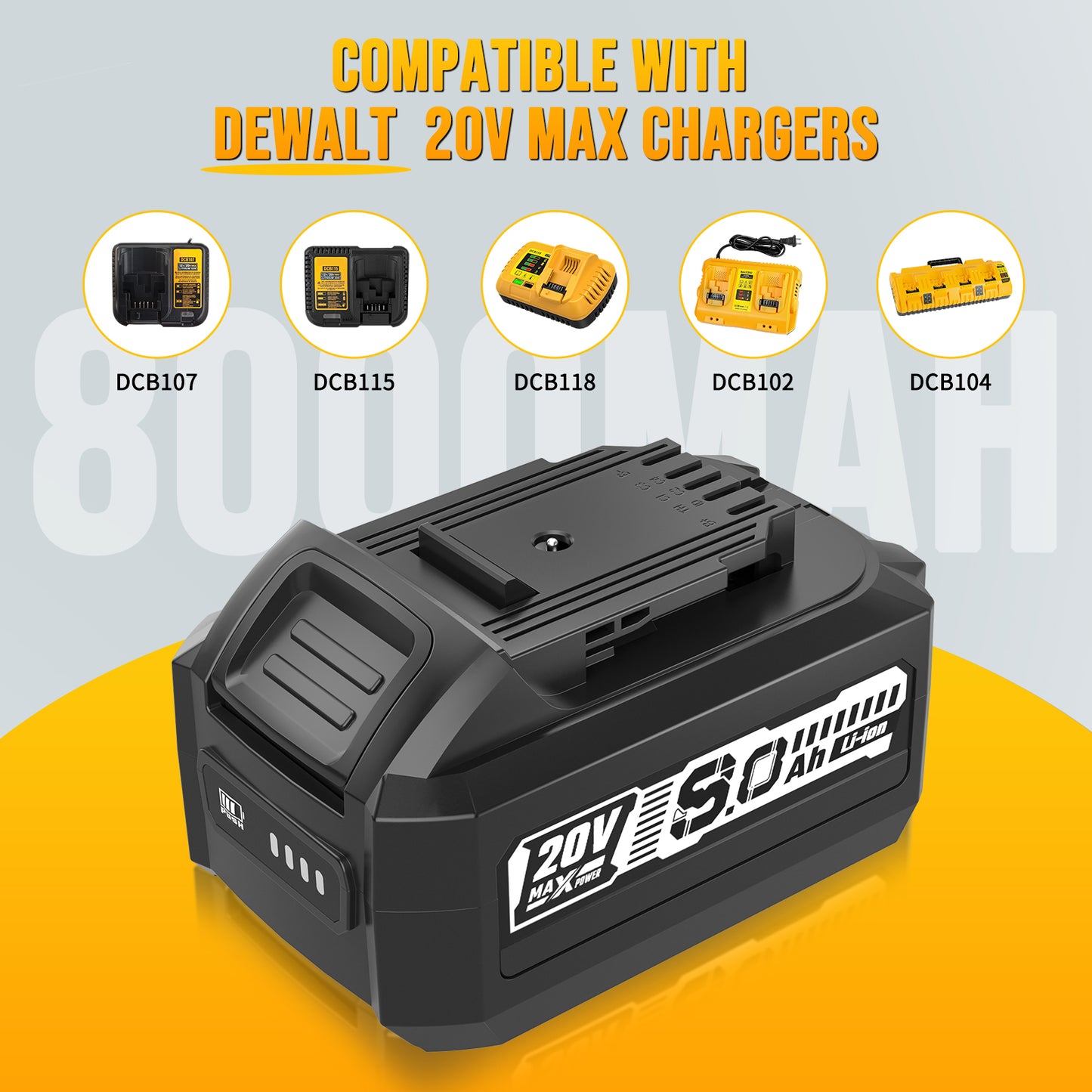 2 Packs 8.0Ah Battery, Compatible with Dewalt 20V Max Cordless Power Tools & Chargers