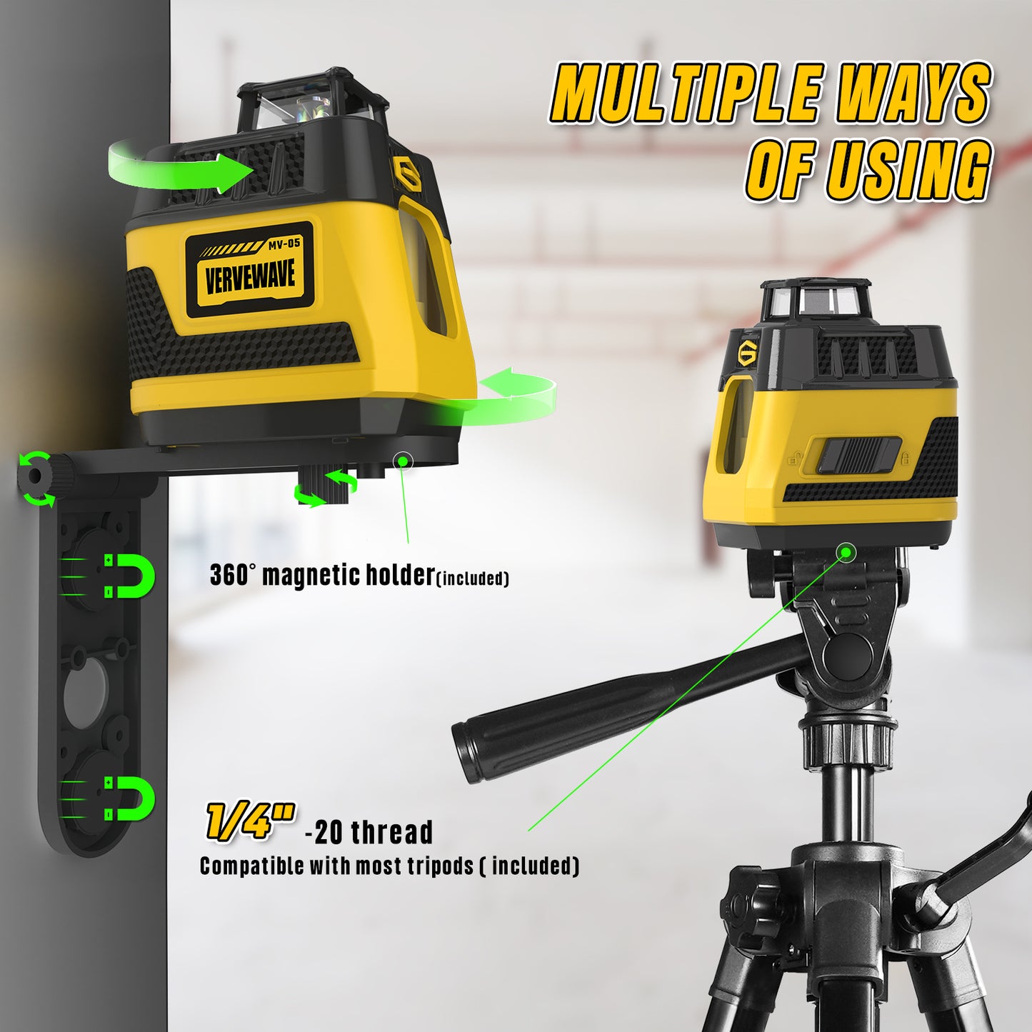 5 Lines Laser Level with Tripod, Self-leveling Green Cross Line