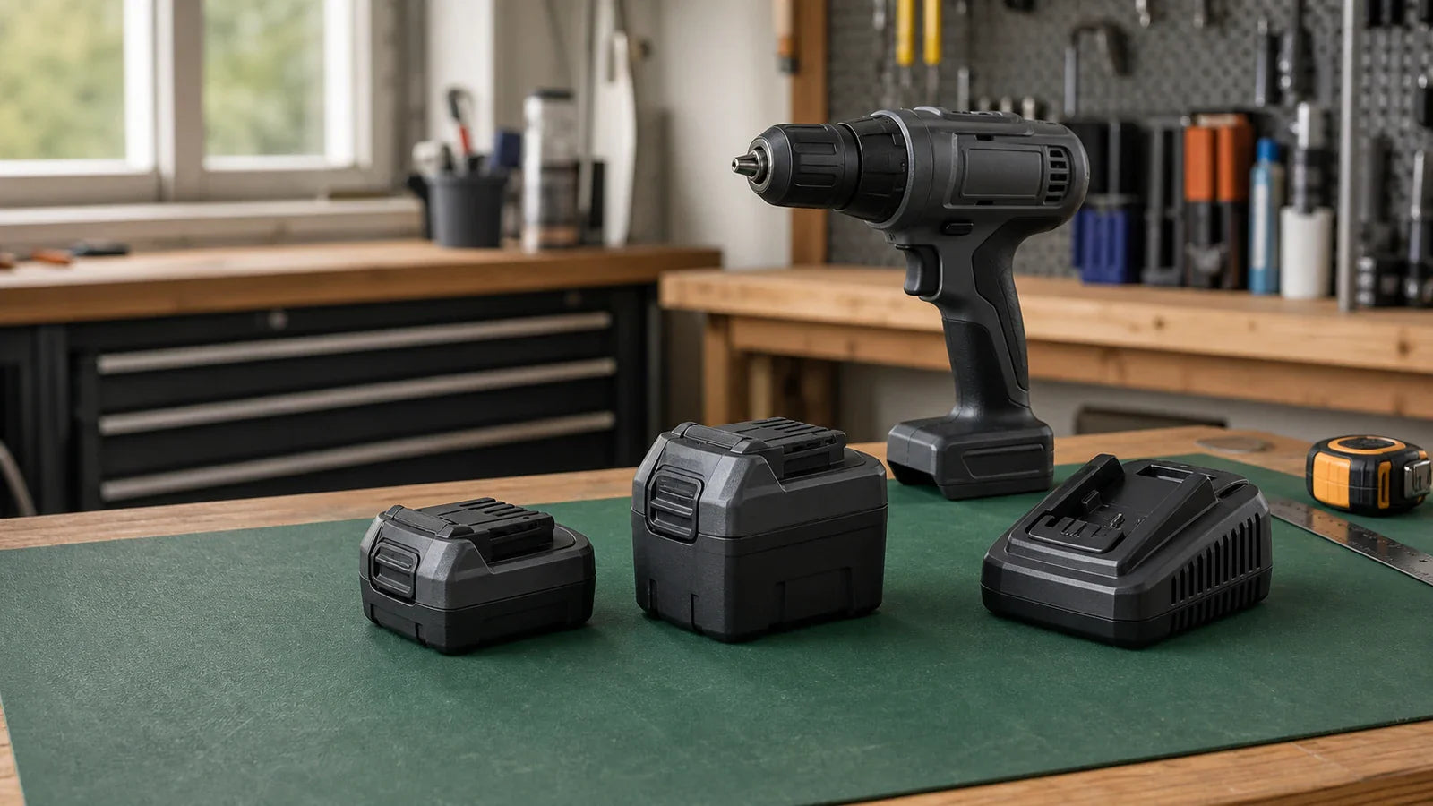 Compact and extended-capacity cordless tool batteries compared beside the same drill and charger.