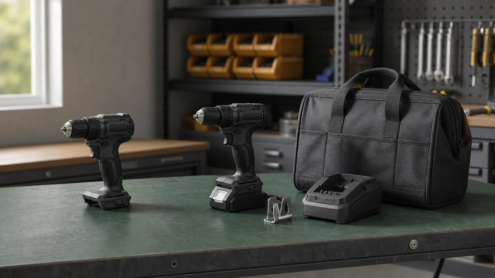 Bare cordless tool beside a complete kit with battery, charger, and storage bag.