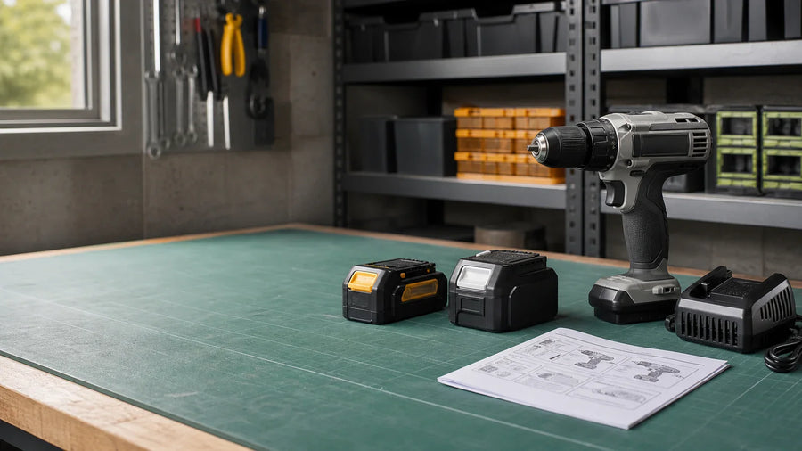 Cordless tool, battery packs, charger, and manuals arranged for a compatibility check.