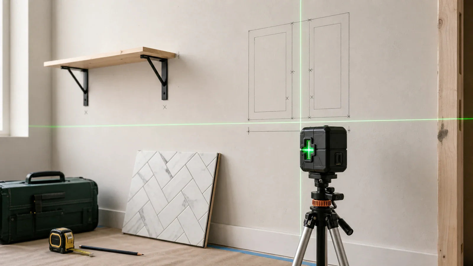 Cross-line laser on a stable tripod aligning measured reference marks for shelf, cabinet, and tile layout.