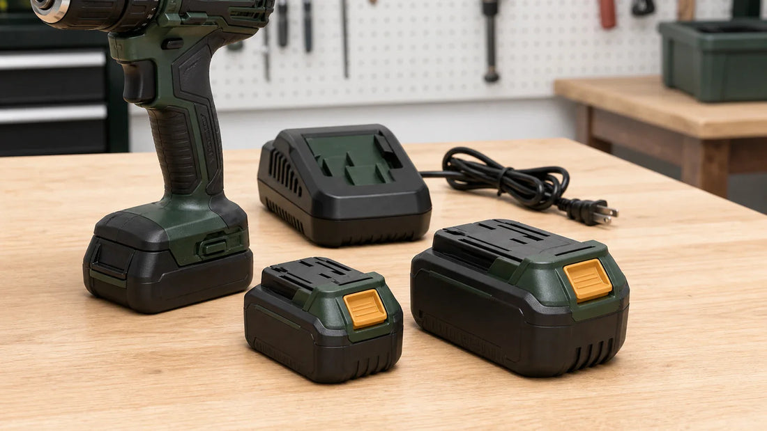 Compact and larger same-platform generic battery packs beside a charger and cordless drill.