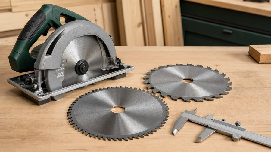 Guarded circular saw and loose saw blades with arbor holes and tooth profiles visible.