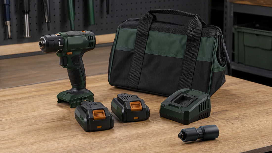 Cordless tool body, same-platform packs, charger, tool bag, and separate adapter arranged on a bench.