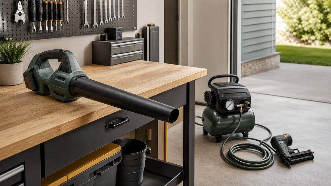 Cordless blower, compact air compressor, hose, and nailer arranged as separate air-tool contexts.