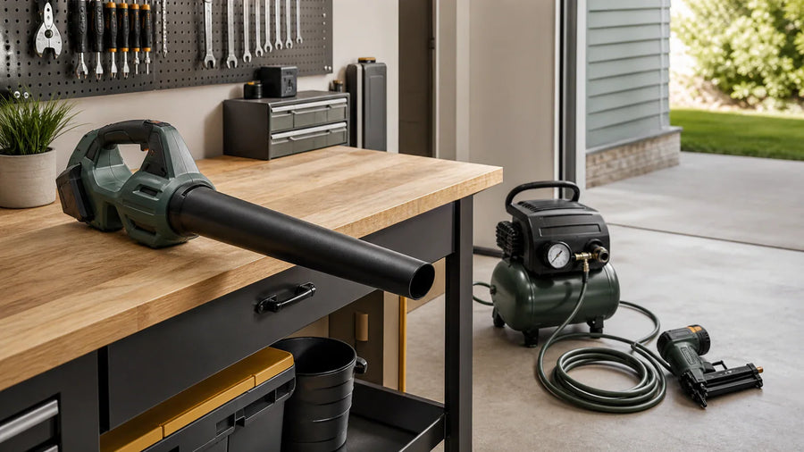 Cordless blower, compact air compressor, hose, and nailer arranged as separate air-tool contexts.
