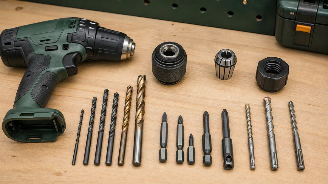 Battery-removed drill, chuck, collet, and drill bits with different shanks arranged on a bench.