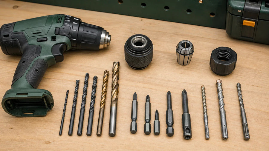 Battery-removed drill, chuck, collet, and drill bits with different shanks arranged on a bench.