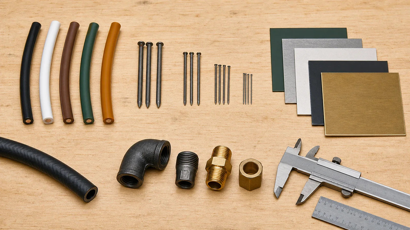 Insulated wire pieces, nails, sheet samples, air hose, pipe fittings, and caliper arranged on a workbench.
