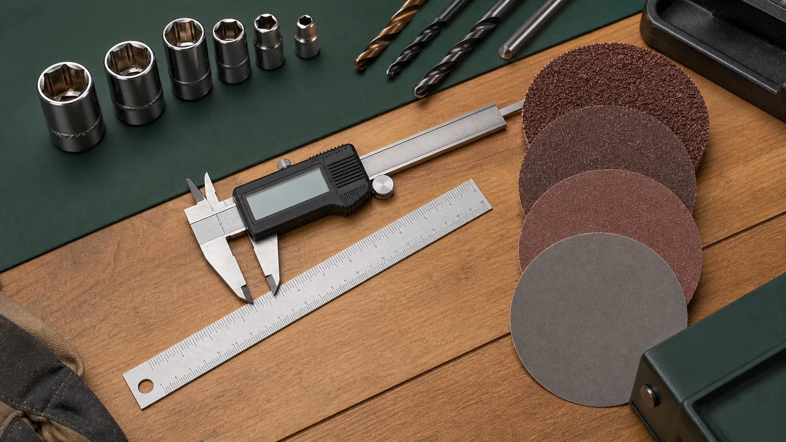 Ruler, caliper, sockets, drill bits, and coarse-to-fine sanding discs arranged on a workbench.