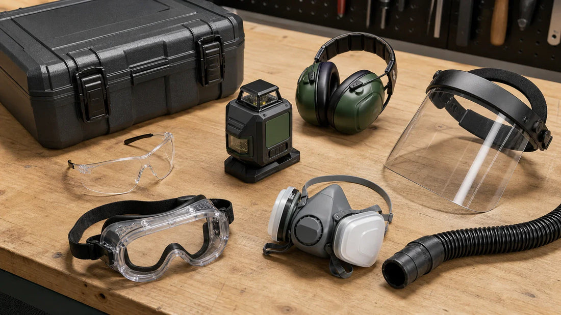 Laser level switched off with safety glasses, goggles, face shield, earmuffs, respirator, and dust hose on a bench.