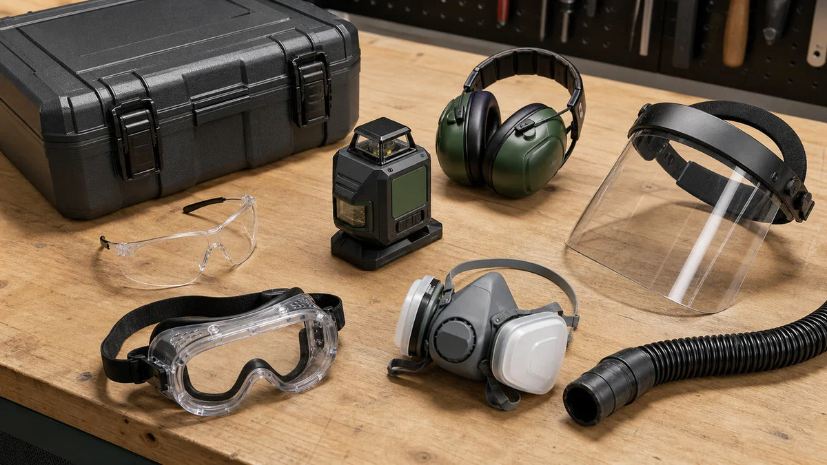 Laser level switched off with safety glasses, goggles, face shield, earmuffs, respirator, and dust hose on a bench.