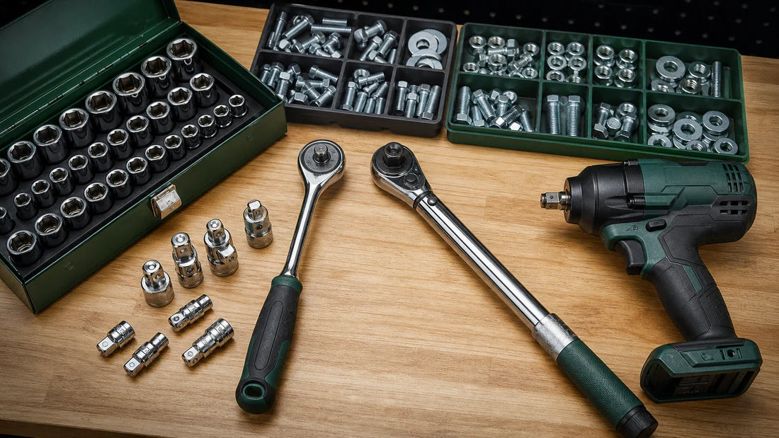 Socket sets, ratchet, torque wrench, impact wrench, and fastener trays arranged on a bench.