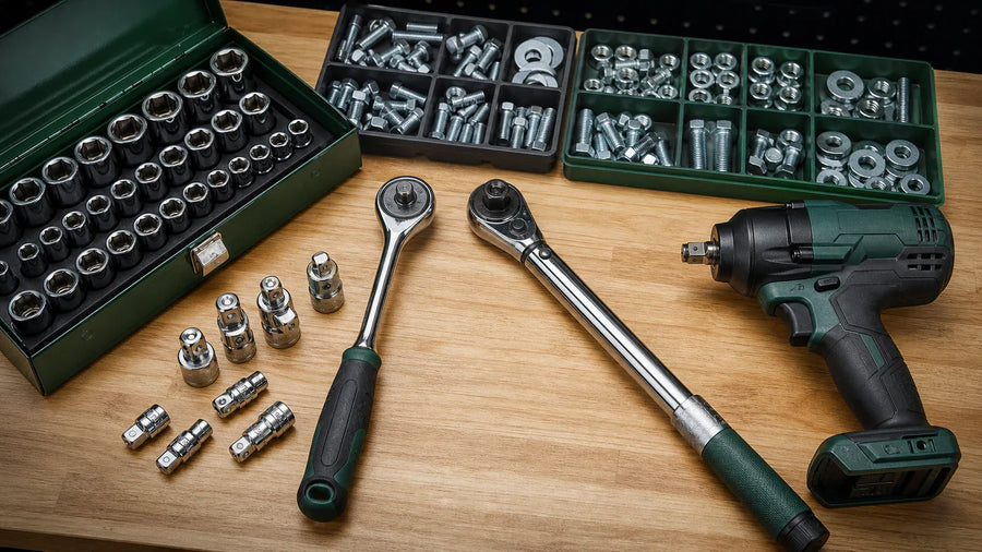 Socket sets, ratchet, torque wrench, impact wrench, and fastener trays arranged on a bench.