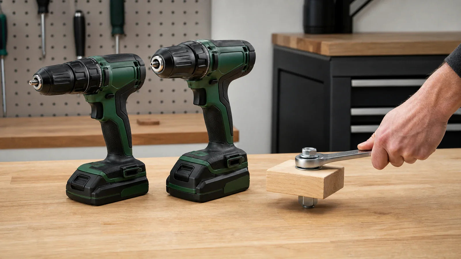 Two closed-housing drill drivers beside a simple wrench-and-fastener torque demonstration.