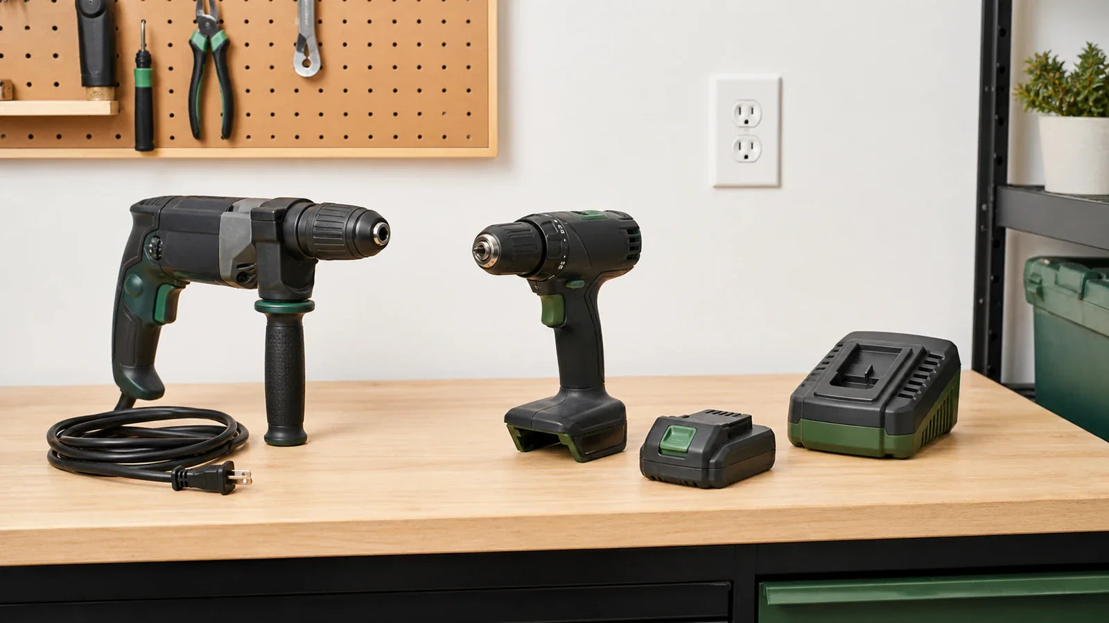 Intact corded tool, battery-removed cordless drill, battery pack, and charger arranged on a workbench.