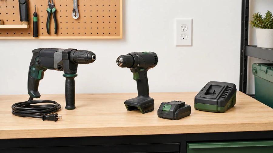 Intact corded tool, battery-removed cordless drill, battery pack, and charger arranged on a workbench.