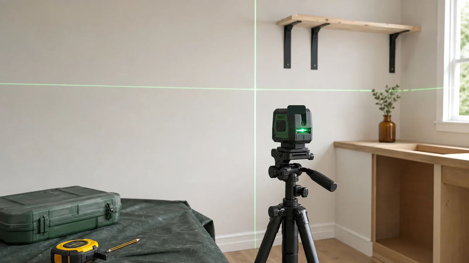 Cross-line laser level mounted securely while laying out cabinet and shelf positions.