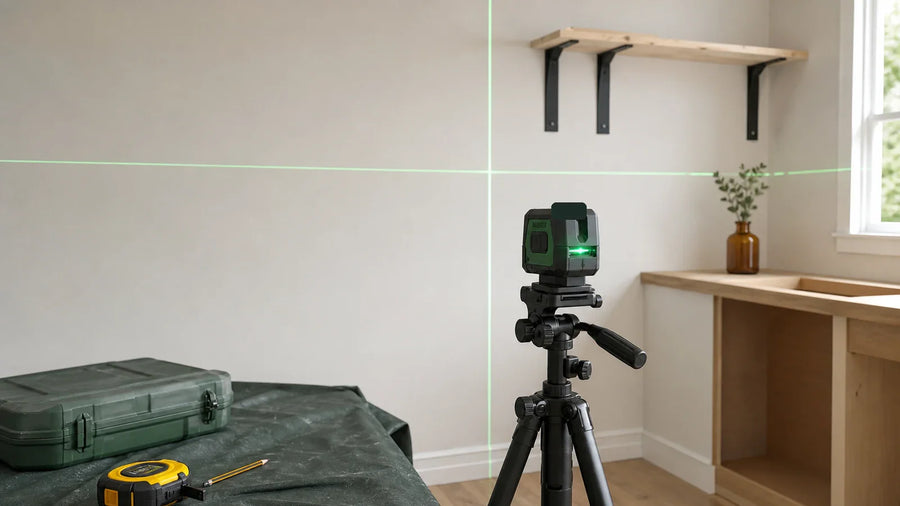 Cross-line laser level mounted securely while laying out cabinet and shelf positions.
