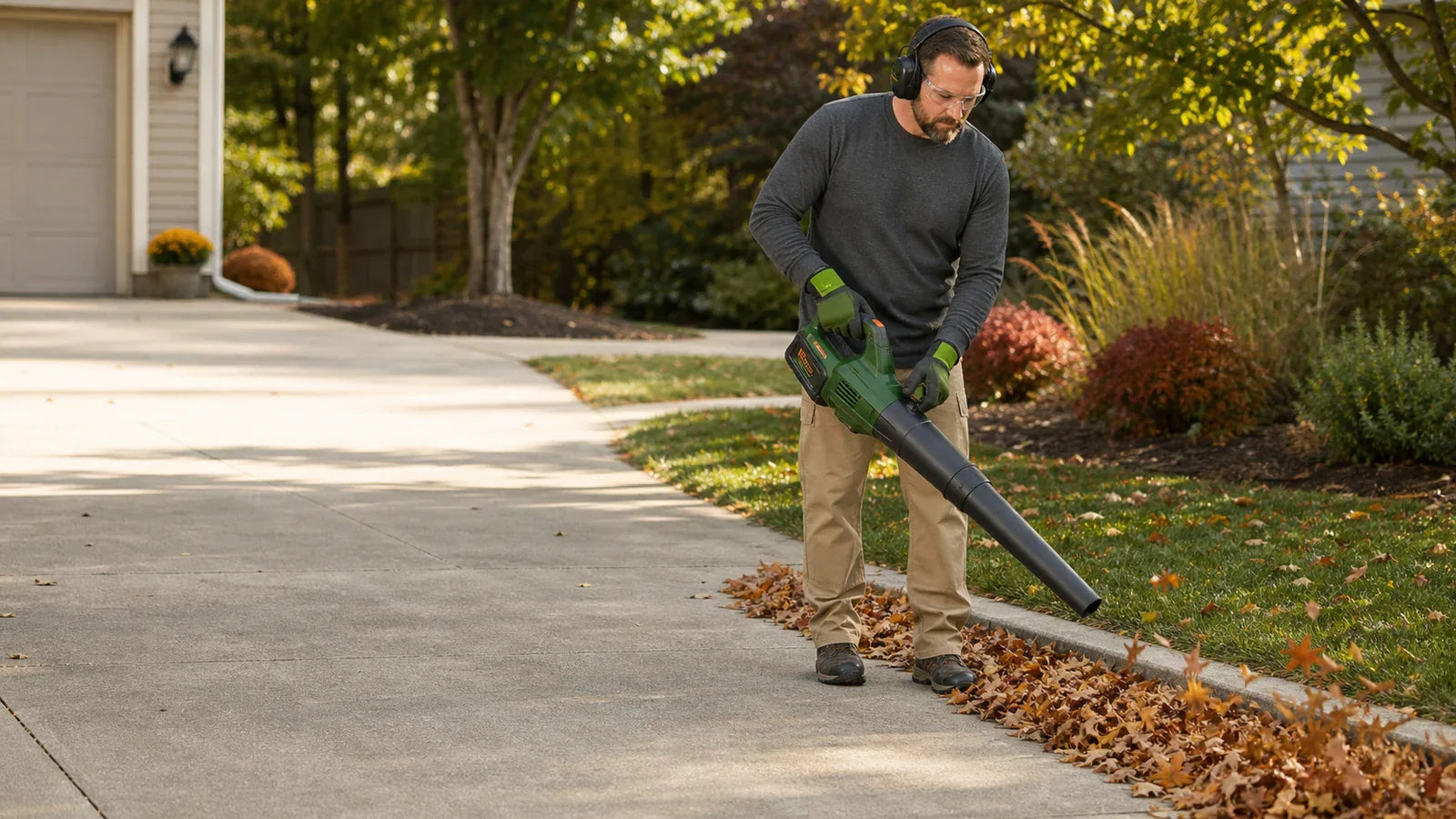 Person wearing eye and hearing protection using a cordless blower to move dry leaves along a driveway.