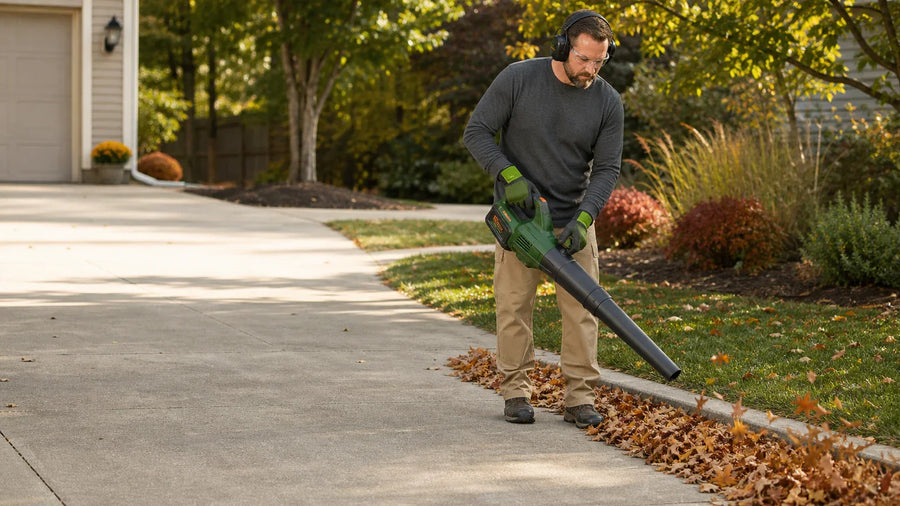Person wearing eye and hearing protection using a cordless blower to move dry leaves along a driveway.
