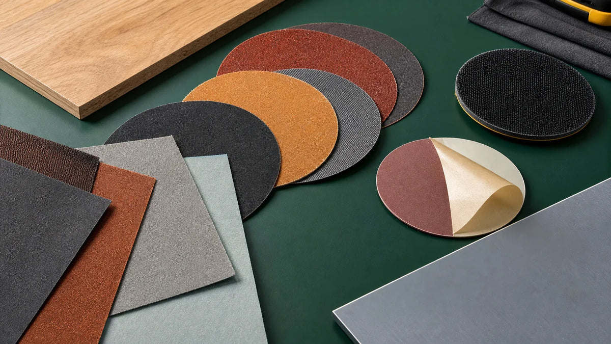 Sanding discs and sheets showing different backings, abrasive coat spacing, and attachment systems.