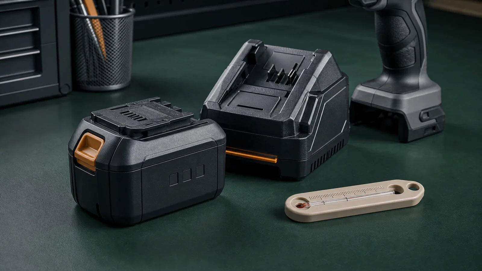 Cordless battery, charge gauge, and matching charger arranged to explain battery status and temperature delay terms.