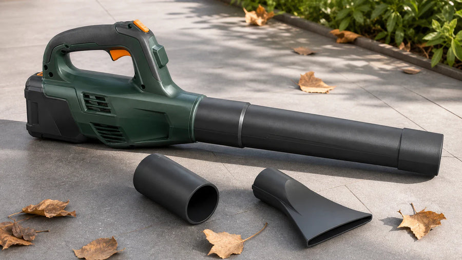 Cordless leaf blower with round and flat nozzle attachments arranged beside dry leaves.