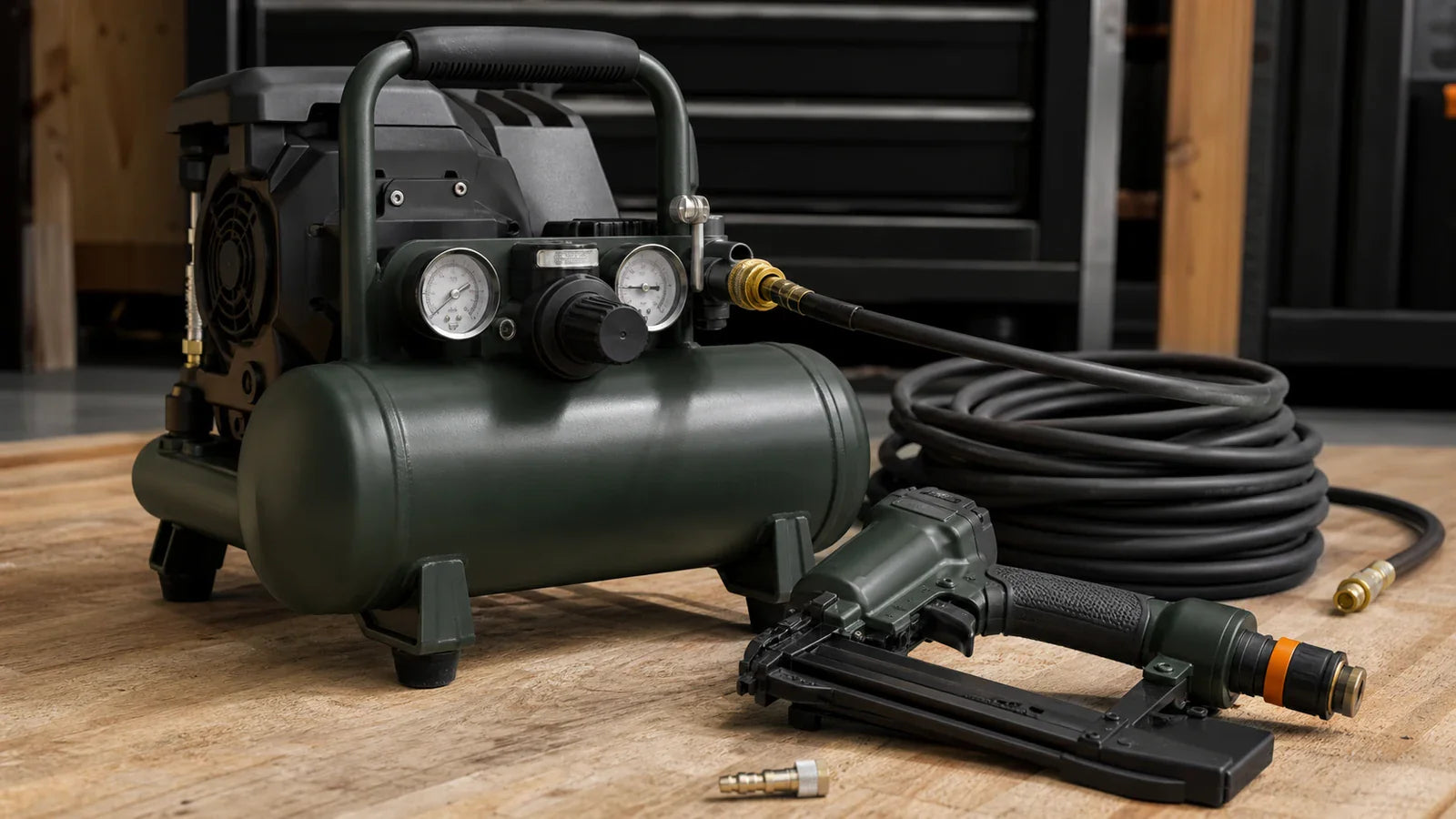 Portable air compressor with tank, pressure gauges, regulator, hose, and disconnected pneumatic tool.