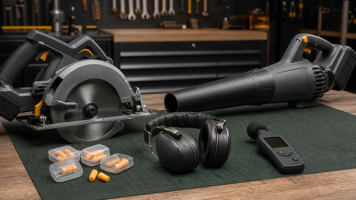 Power tools, earmuffs, earplugs, and a sound-level meter arranged on a workshop bench.