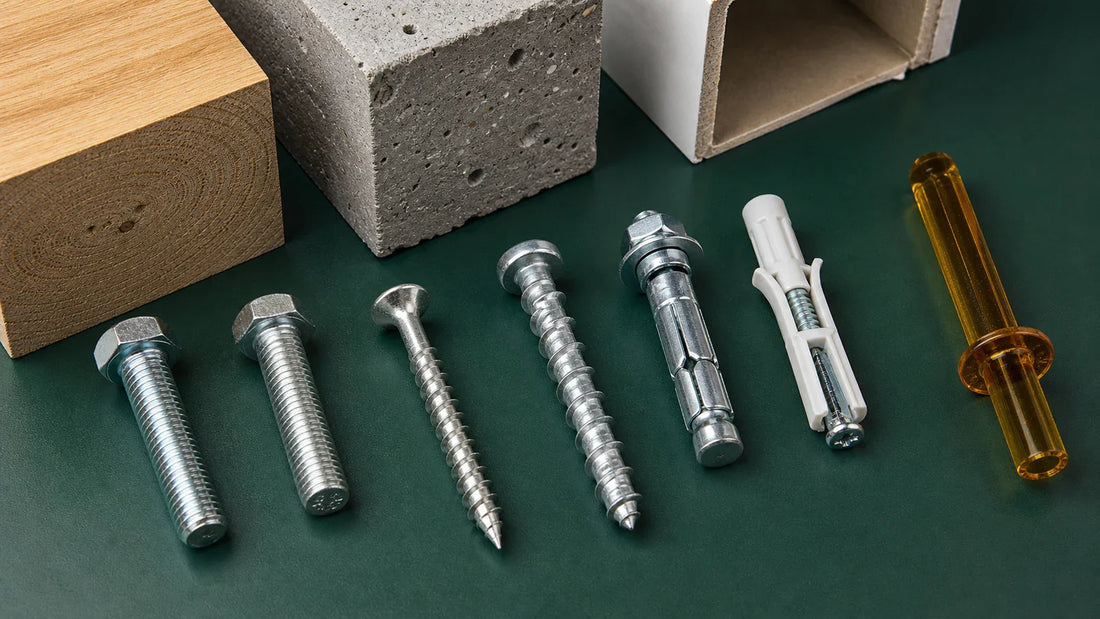 Inch and metric fasteners with several anchor types beside wood, concrete, and hollow-wall samples.