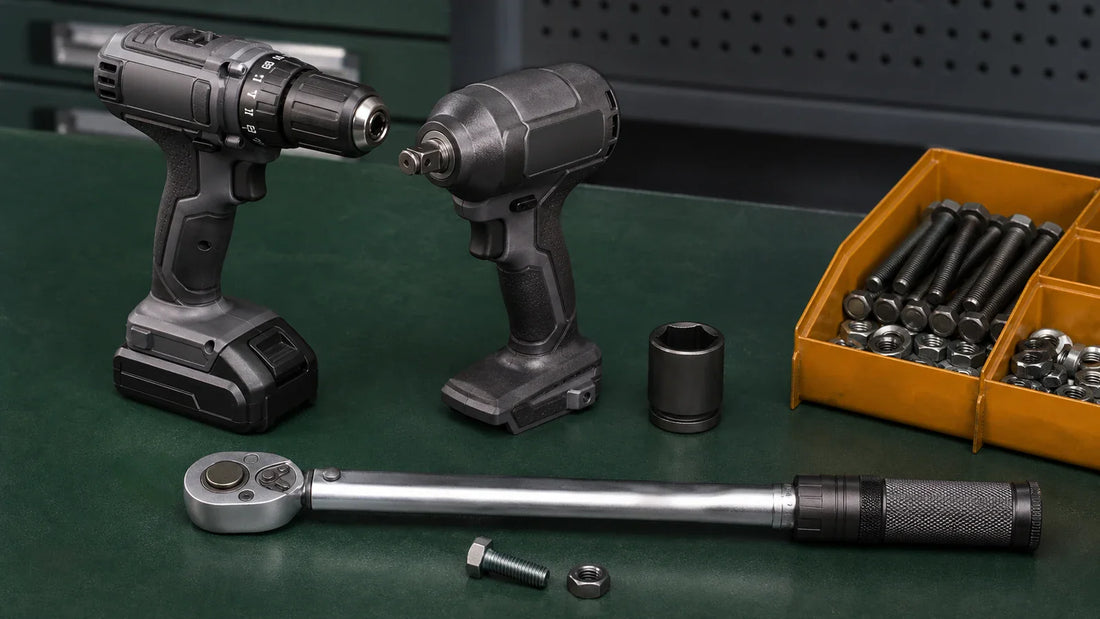 Drill, impact wrench, impact socket, bolt, and manual torque wrench arranged on a workbench.