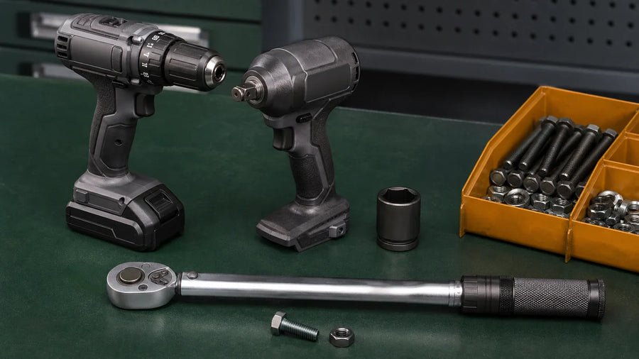 Drill, impact wrench, impact socket, bolt, and manual torque wrench arranged on a workbench.