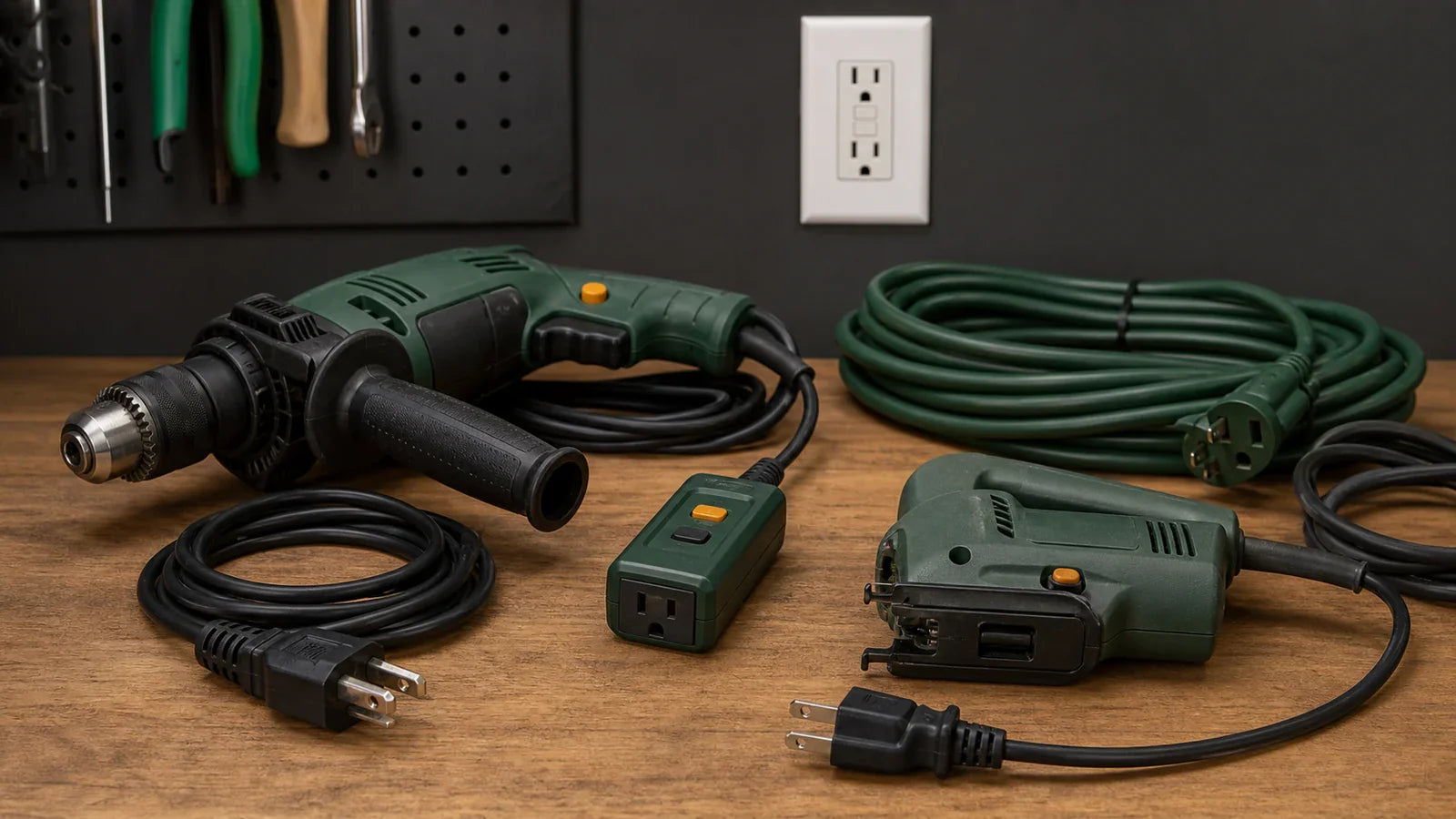 Unplugged corded tools, three-prong and two-prong plugs, a portable GFCI, and an extension cord.
