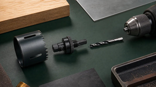 Hole saw cup, pilot bit, arbor, and drill chuck arranged in assembly order on a workbench.