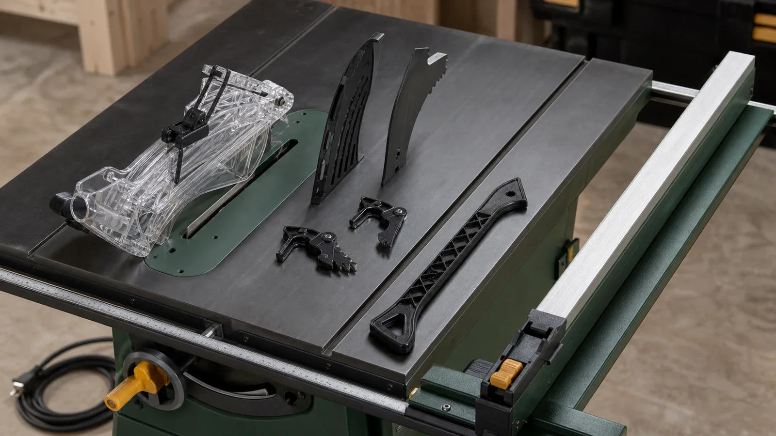 Powered-off table saw with riving knife, splitter and guard assembly, anti-kickback pawls, fence, and push stick displayed safely.