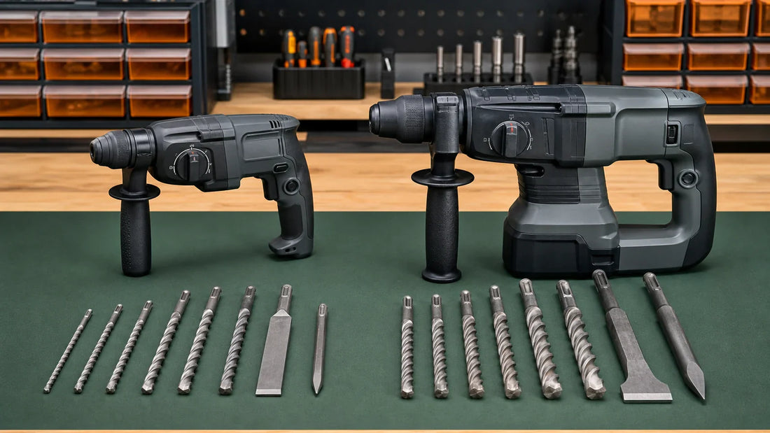 Compact and large rotary hammers beside SDS-style masonry bits and chisels of different sizes.