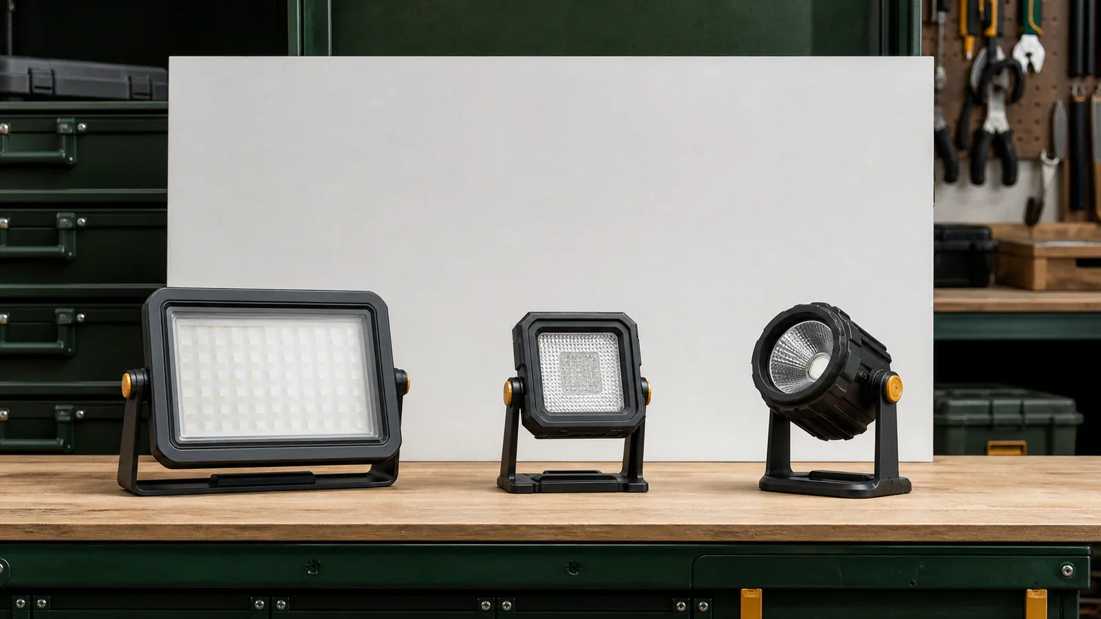 Flood, area, and spot work lights arranged to compare output, beam direction, and color terms.