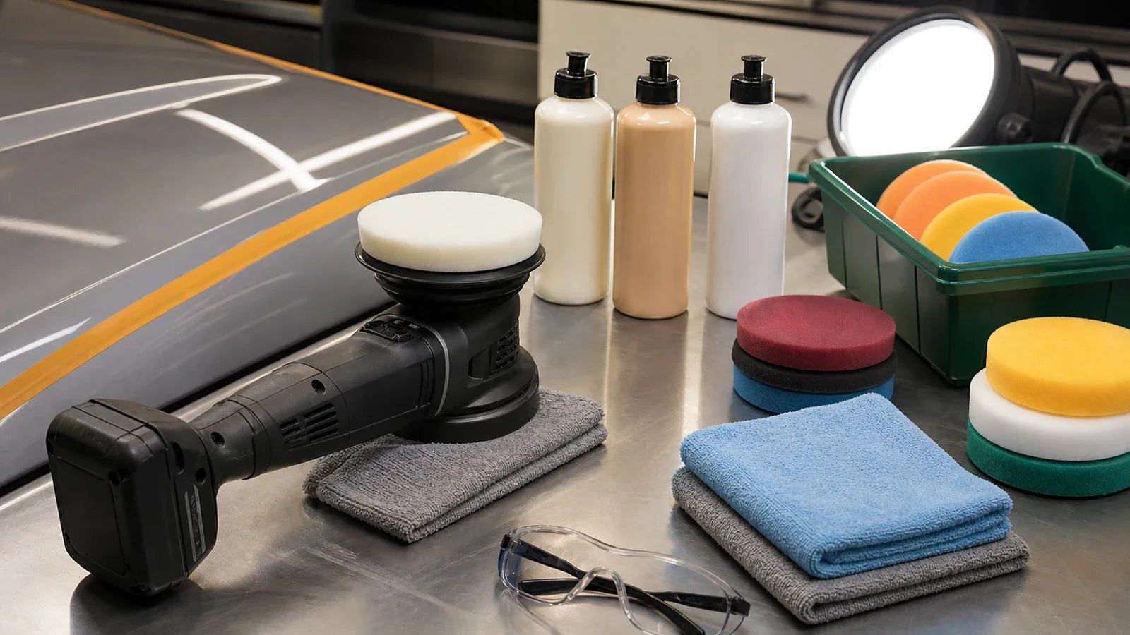 Cordless random-orbit polisher beside separate compounding, polishing, and finishing pads and liquids on a clean workbench.