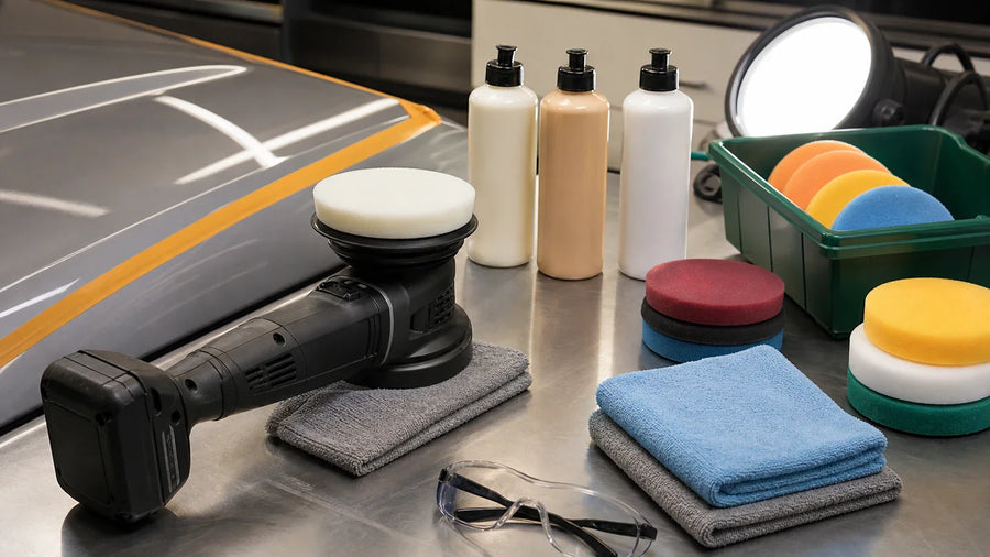 Cordless random-orbit polisher beside separate compounding, polishing, and finishing pads and liquids on a clean workbench.