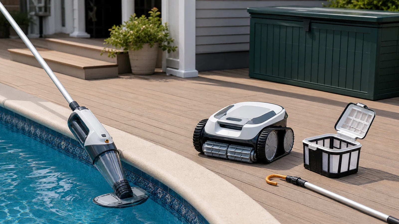 Handheld and robotic cordless pool vacuums on a dry pool deck beside a rinsed filter basket and retrieval hook.