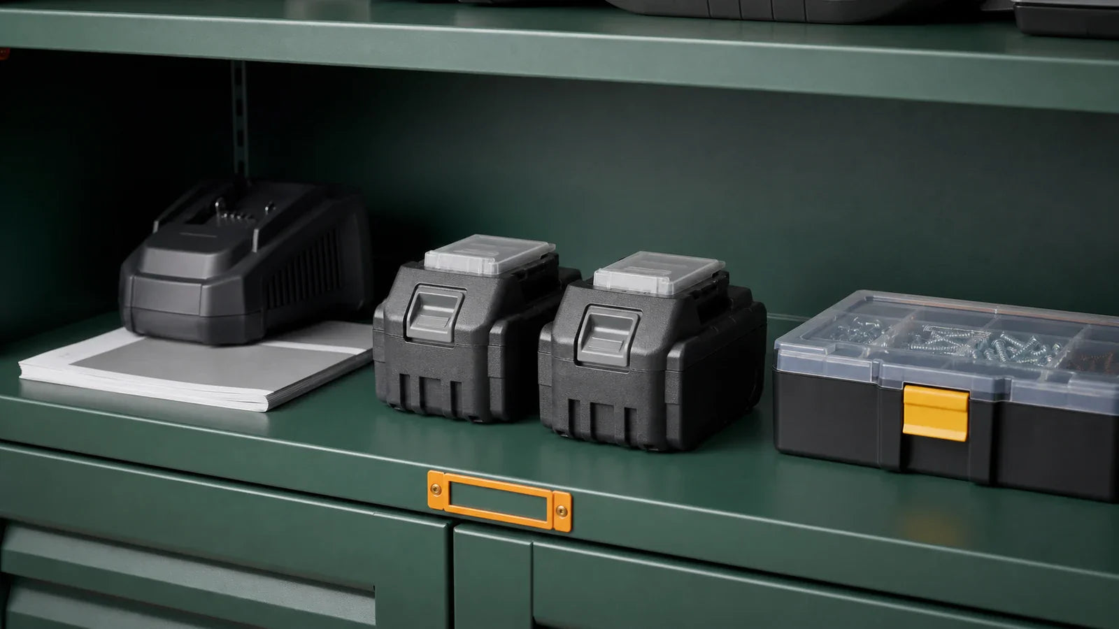 Intact cordless tool batteries stored on a clean shelf away from loose metal hardware and direct heat.