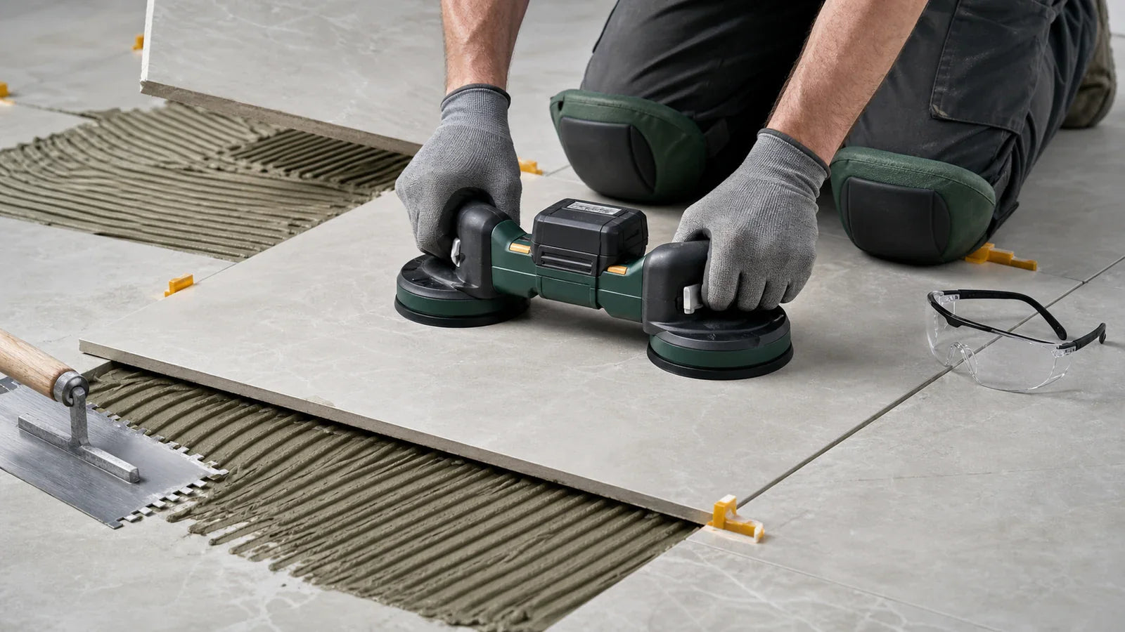 Cordless tile vibration tool held on a large-format tile beside a notched trowel and a mortar-coverage check.
