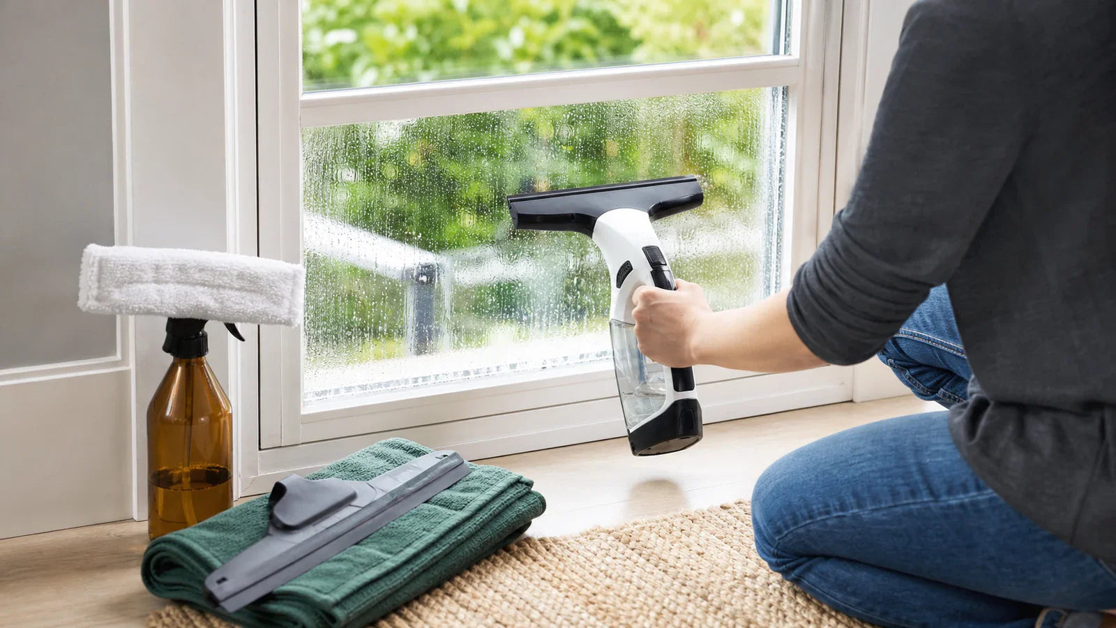 Cordless window vacuum removing cleaning liquid from a wetted window beside a microfiber applicator and narrow nozzle.