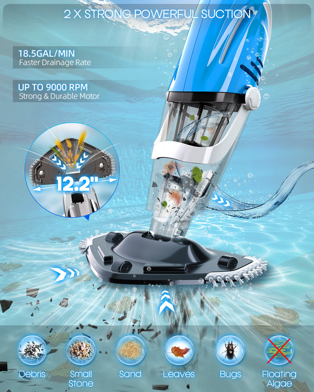 Cordless Handheld Pool Vacuum with 9000RPM Motor, 3-in-1 Brush, 80-Min Battery & 78" Extendable Pole – Above/In-Ground Pools, Hot Tubs