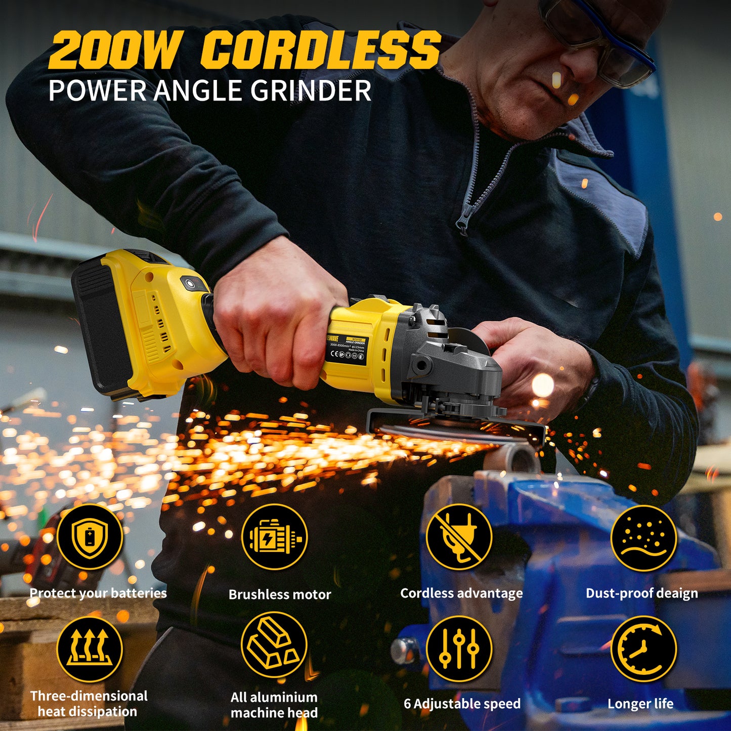 Coredless Angle Grinder Yellow [No Battery]