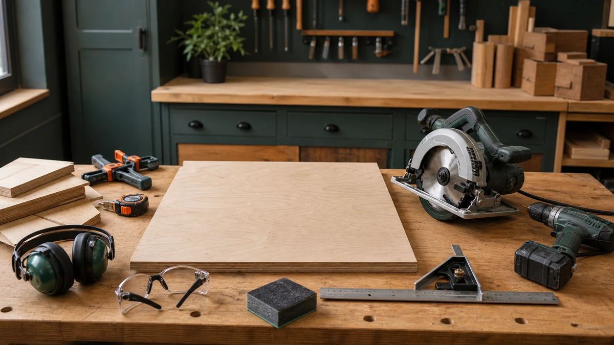 Measuring, cutting, drilling, clamping, and sanding tools arranged for a woodworking decision quiz.