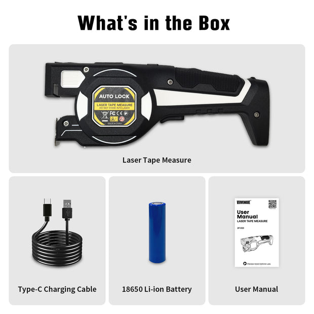 Laser tape measure box contents with Type-C cable battery and manual