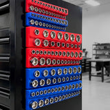 Magnetic socket holders mounted on side of tool cabinet
